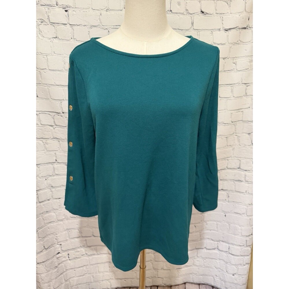 Chico’s teal green 3/4-sleeve tunic top Metal Buttons Down Sleeves Size Small